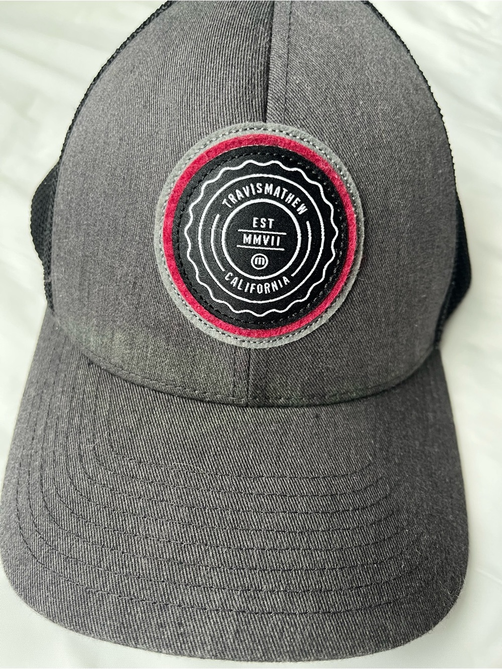 Travis Mathew Gray & Black Trucker Hat with Red Accent Patch
